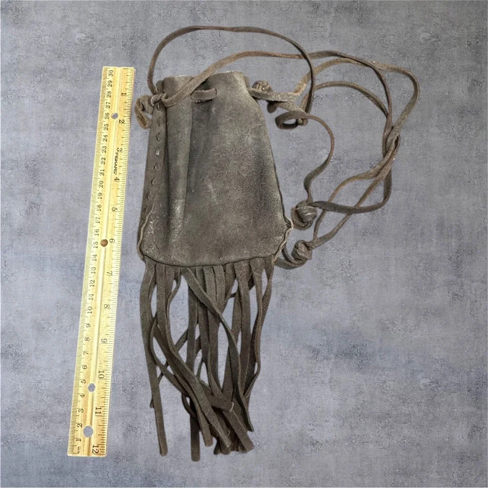 Medicine Bag Small Brown VCG Suede Fringe Drawstring Pouch - Picture 2 of 7
